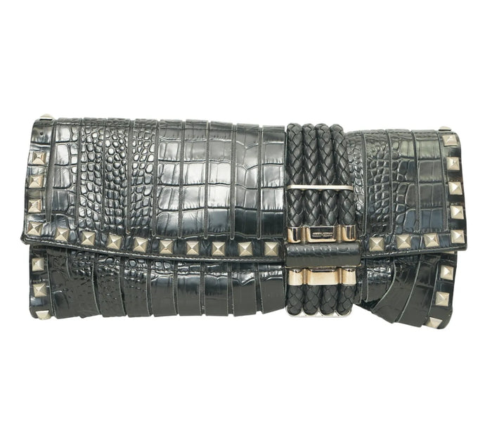 Black Croc-Embossed Leather Studded Chandra Clutch