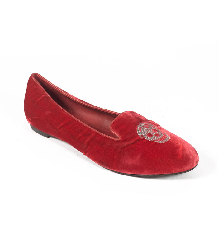 Sequin Skull Loafers Red Suede Size : 37.5