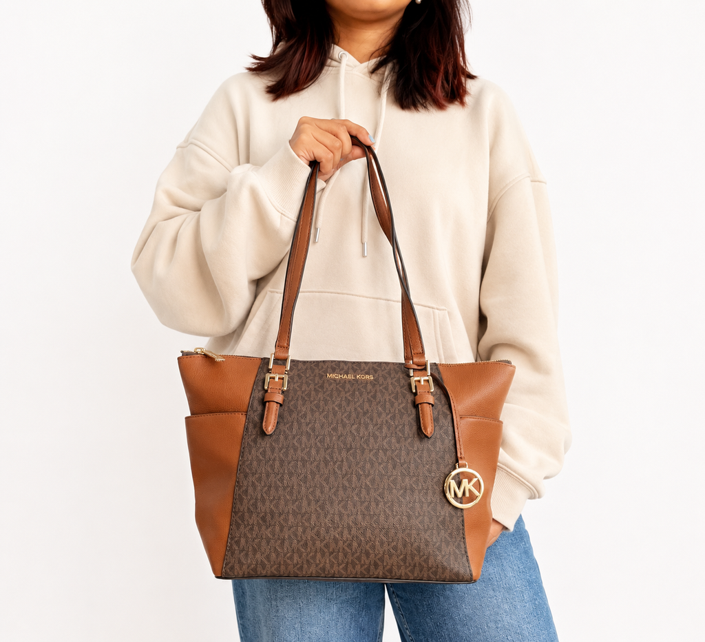 Charlotte Large Logo and Leather Top-Zip Tote Bag