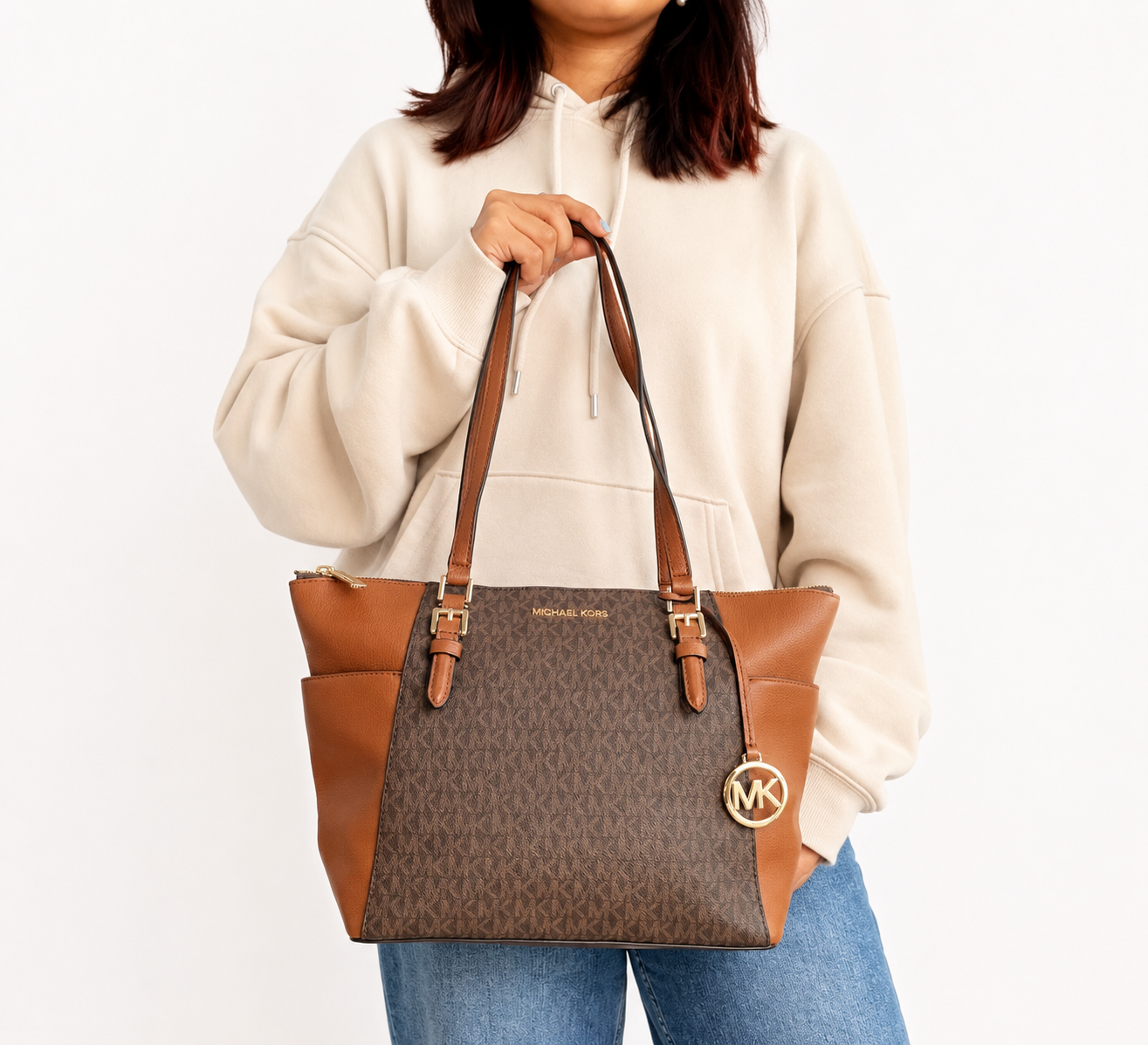 Charlotte Large Logo and Leather Top-Zip Tote Bag