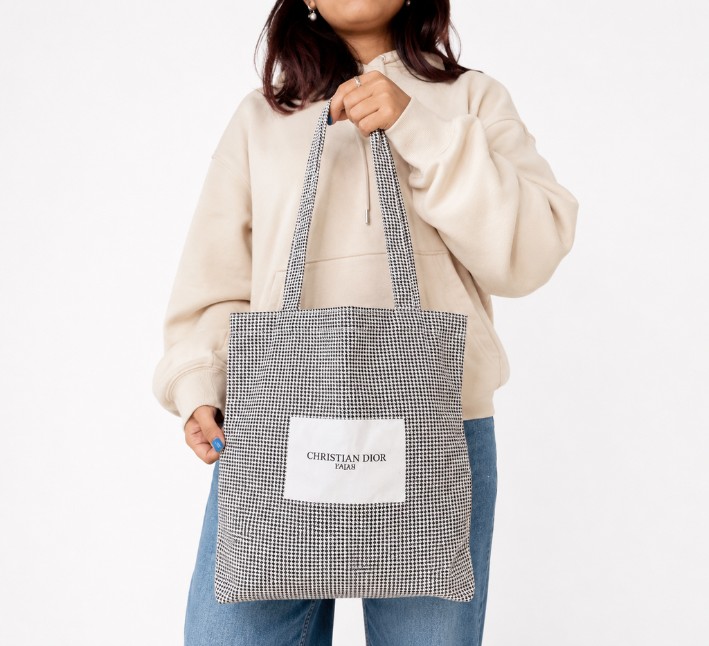White/Black Checkered Cloth Shopping Tote Bag