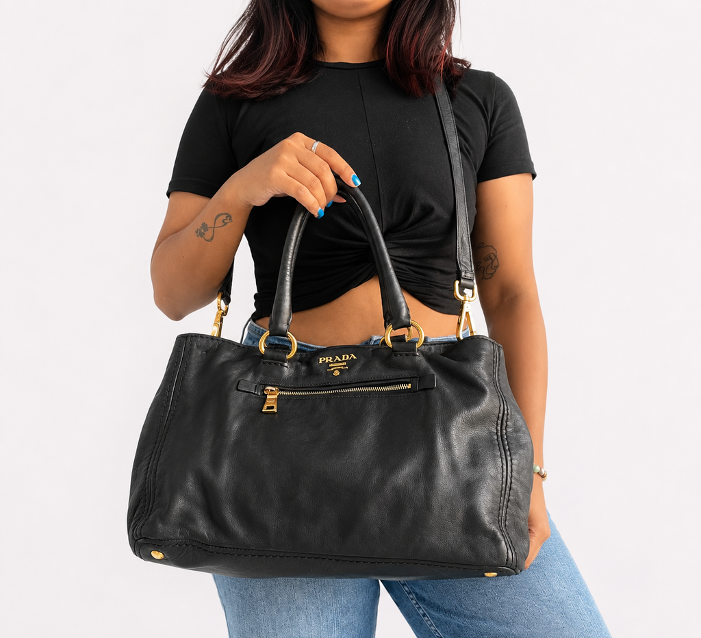 Black Vitello Daino Front Pocket Convertible Tote