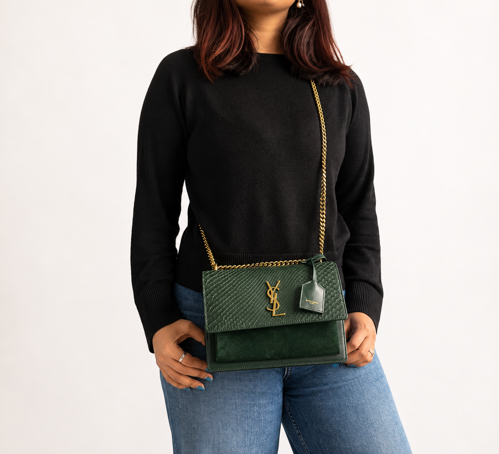 Moss Green Python Embossed Medium Sunset Chain Shoulder Bag
