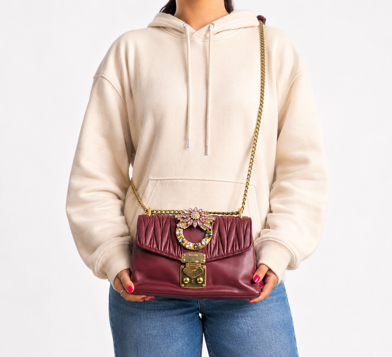 Burgundy Crystal-Embellished Matelassé Shoulder Bag