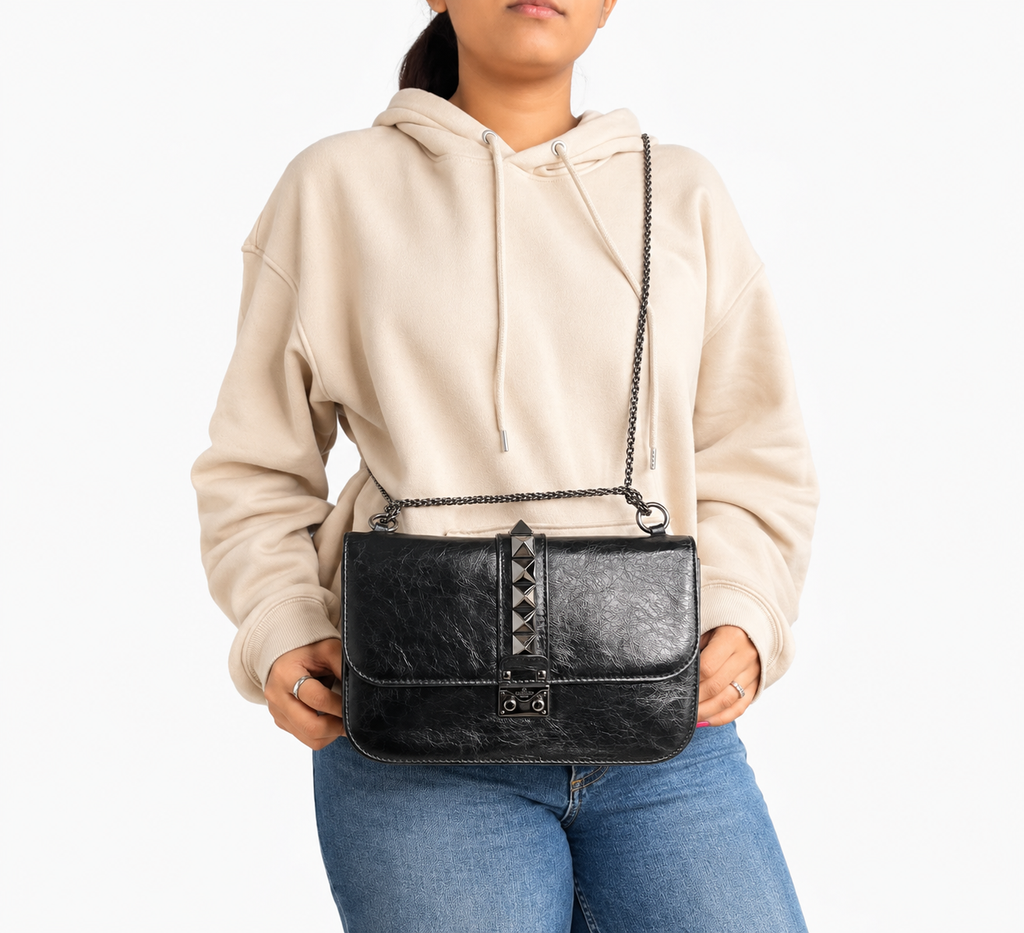 Black Crinkled Glam Lock Shoulder Bag