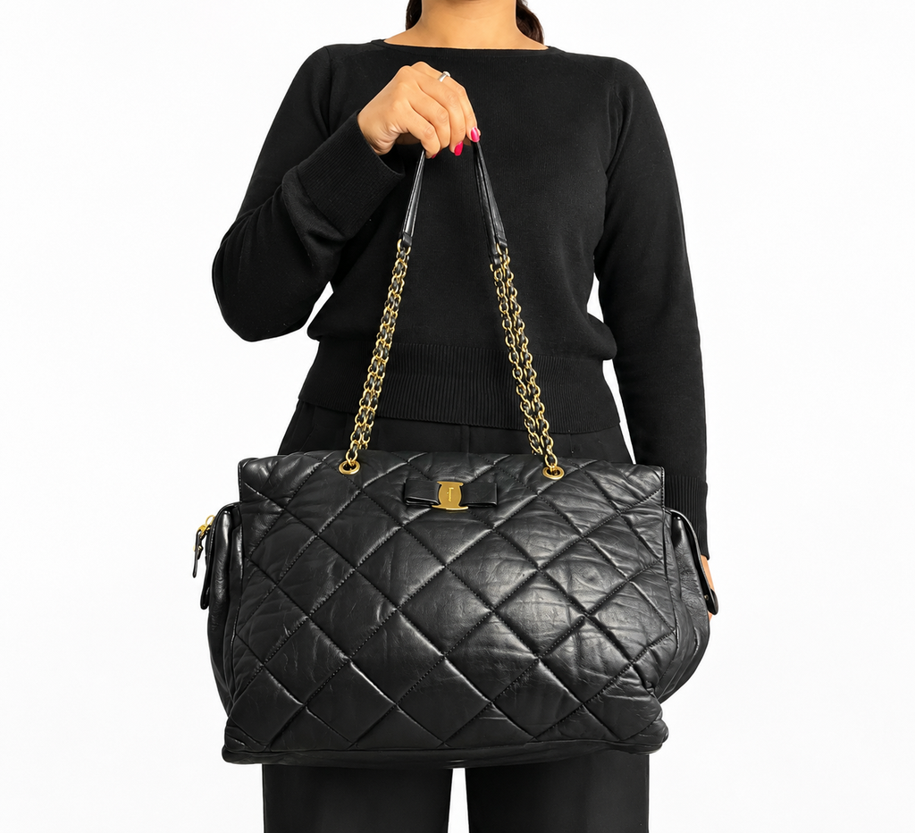 Black Ginette Quilted Vara Bow Chain Shoulder Bag