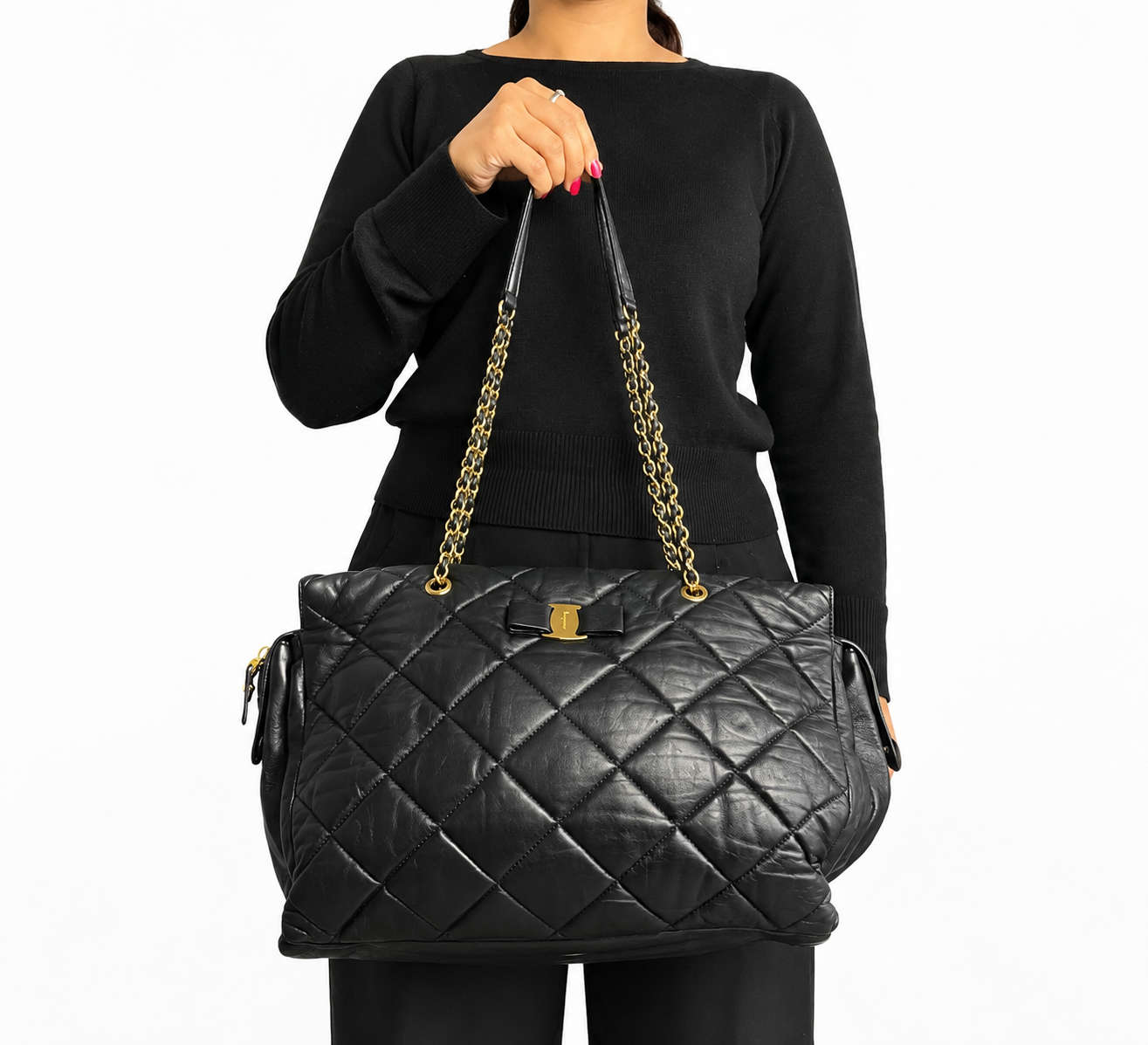 Black Ginette Quilted Vara Bow Chain Shoulder Bag