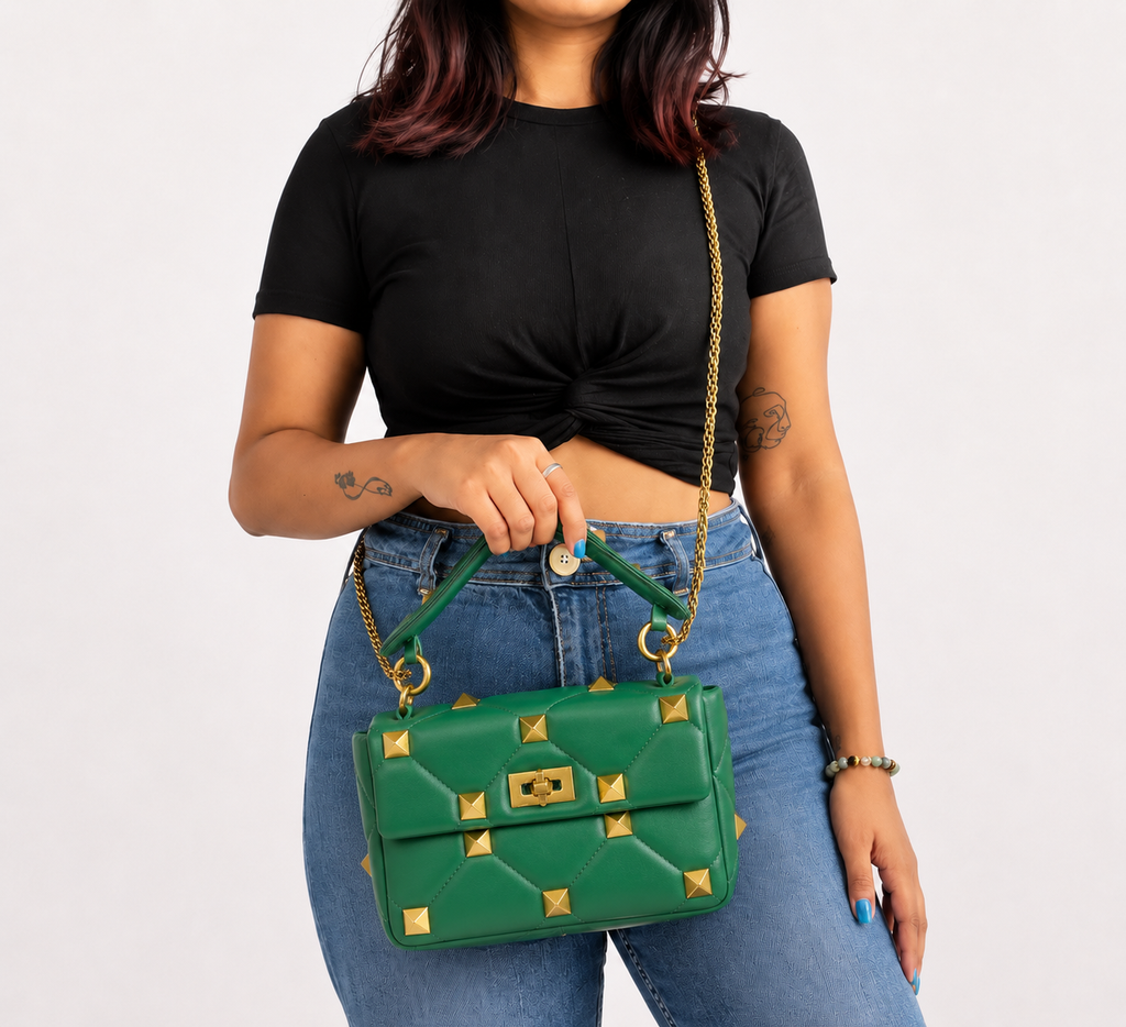 Jungle Green Small Roman Stud Top Handle Bag