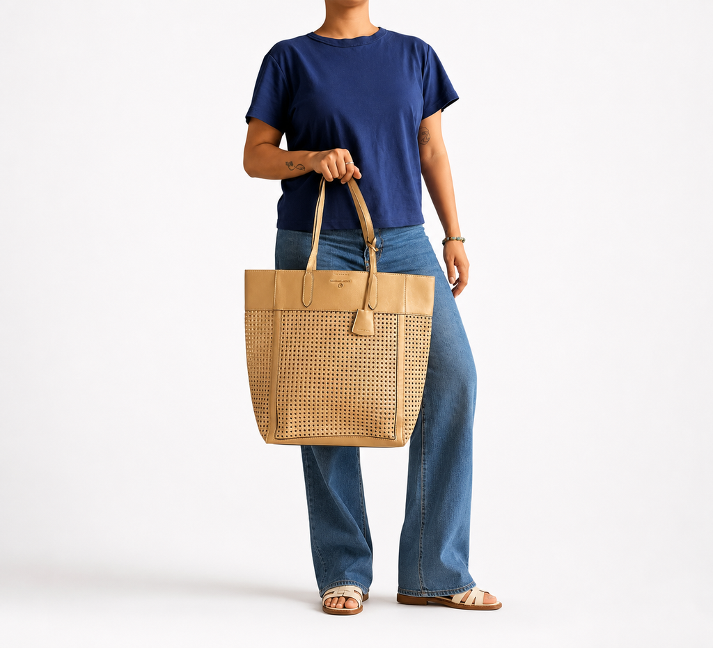 Sinclair Large Perforated Metallic Leather Tote Bag