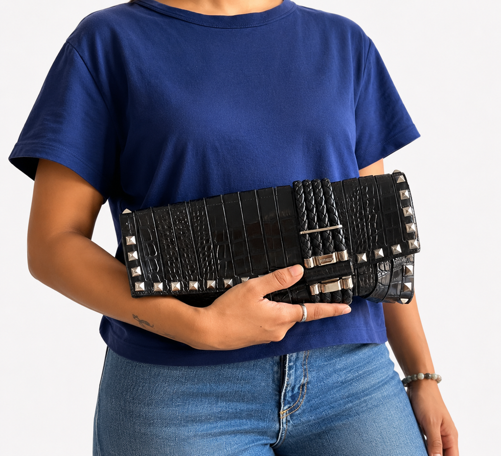 Black Croc-Embossed Leather Studded Chandra Clutch