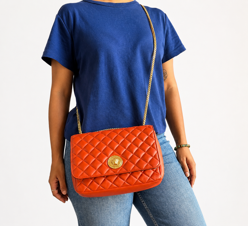 Geranium Orange Lambskin Quilted Medusa Shoulder Bag