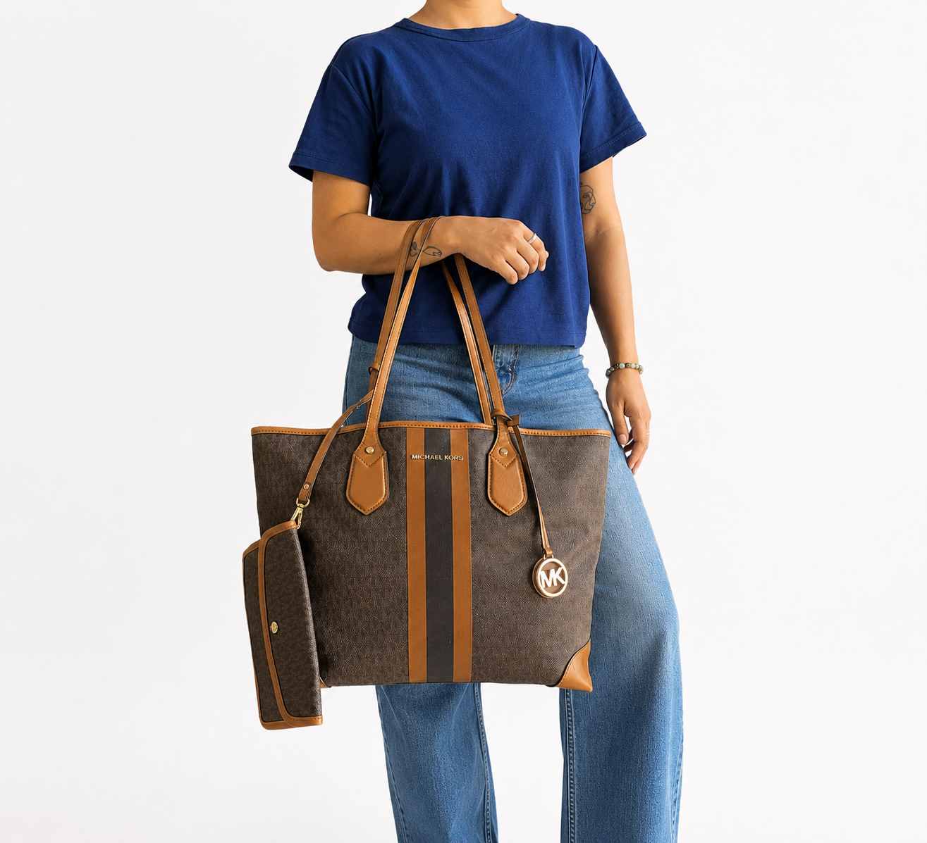 Brown/Acorn Eva Large Logo Stripe Tote Bag
