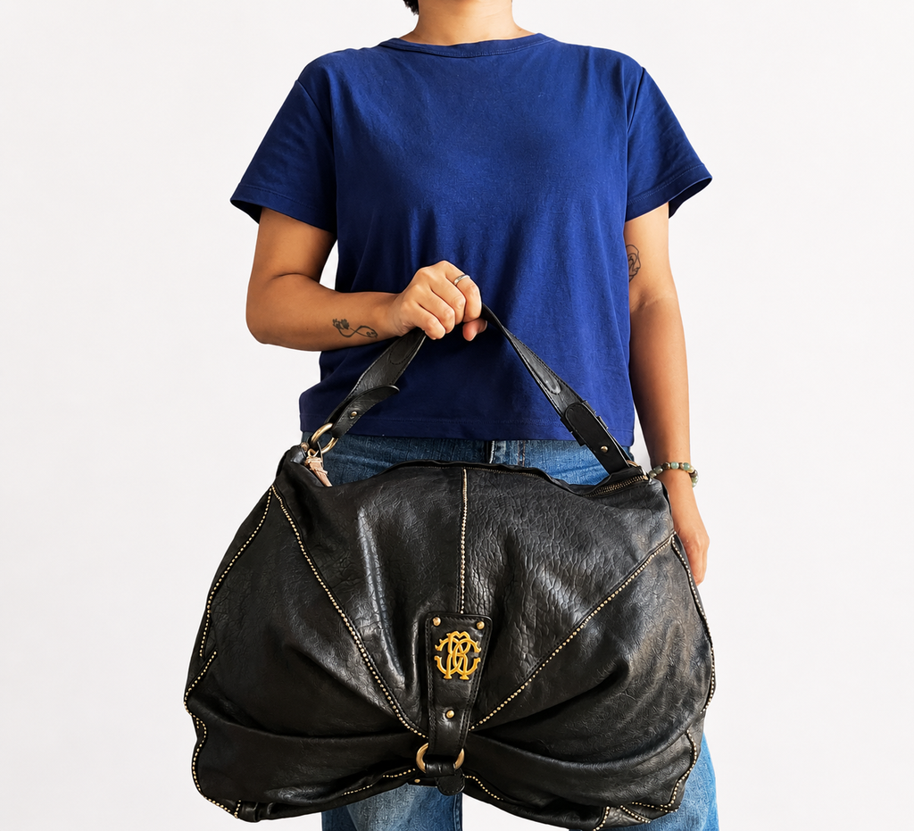 Black Ruched Leather RC Logo Hobo Bag