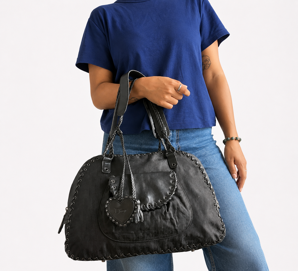 Black Oblique Nylon & Leather Ethnic Satchel
