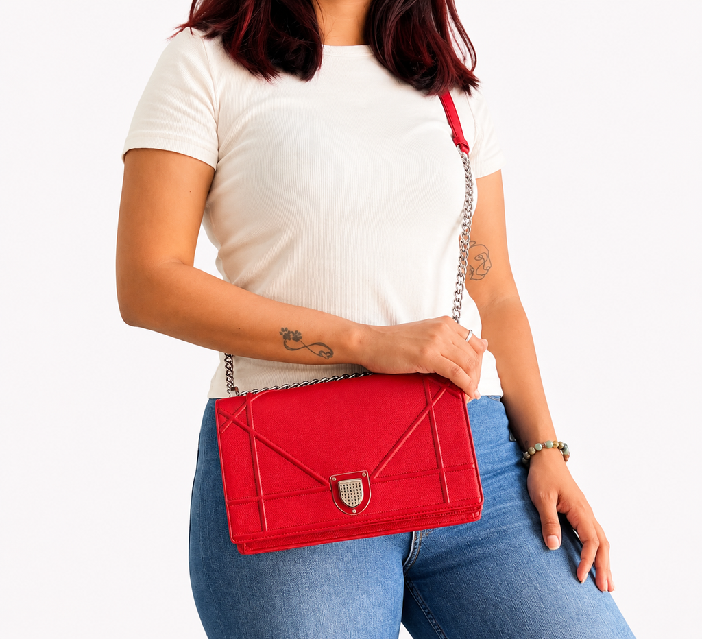 Red Grained Diorama Flap Bag