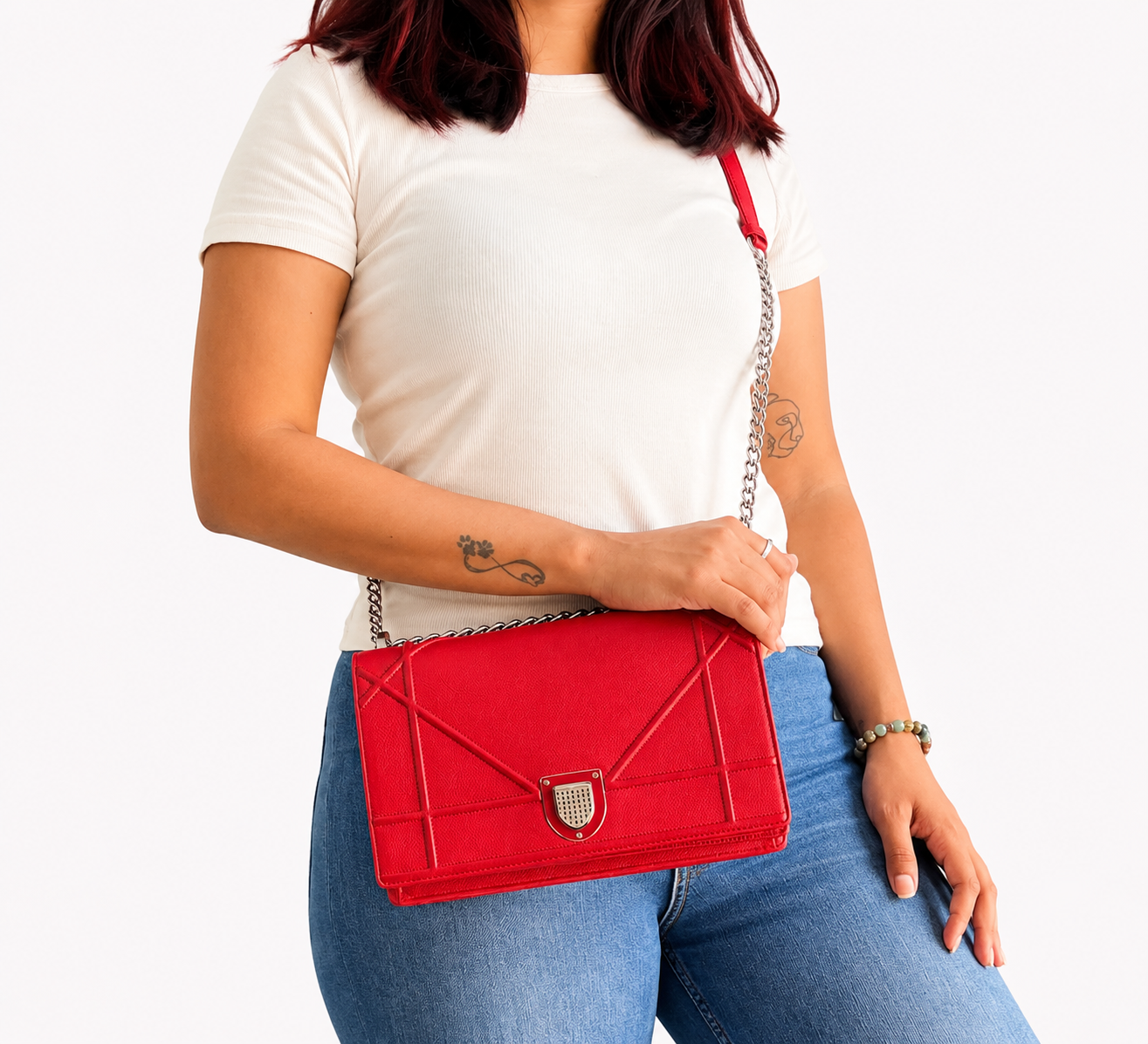 Red Grained Diorama Flap Bag