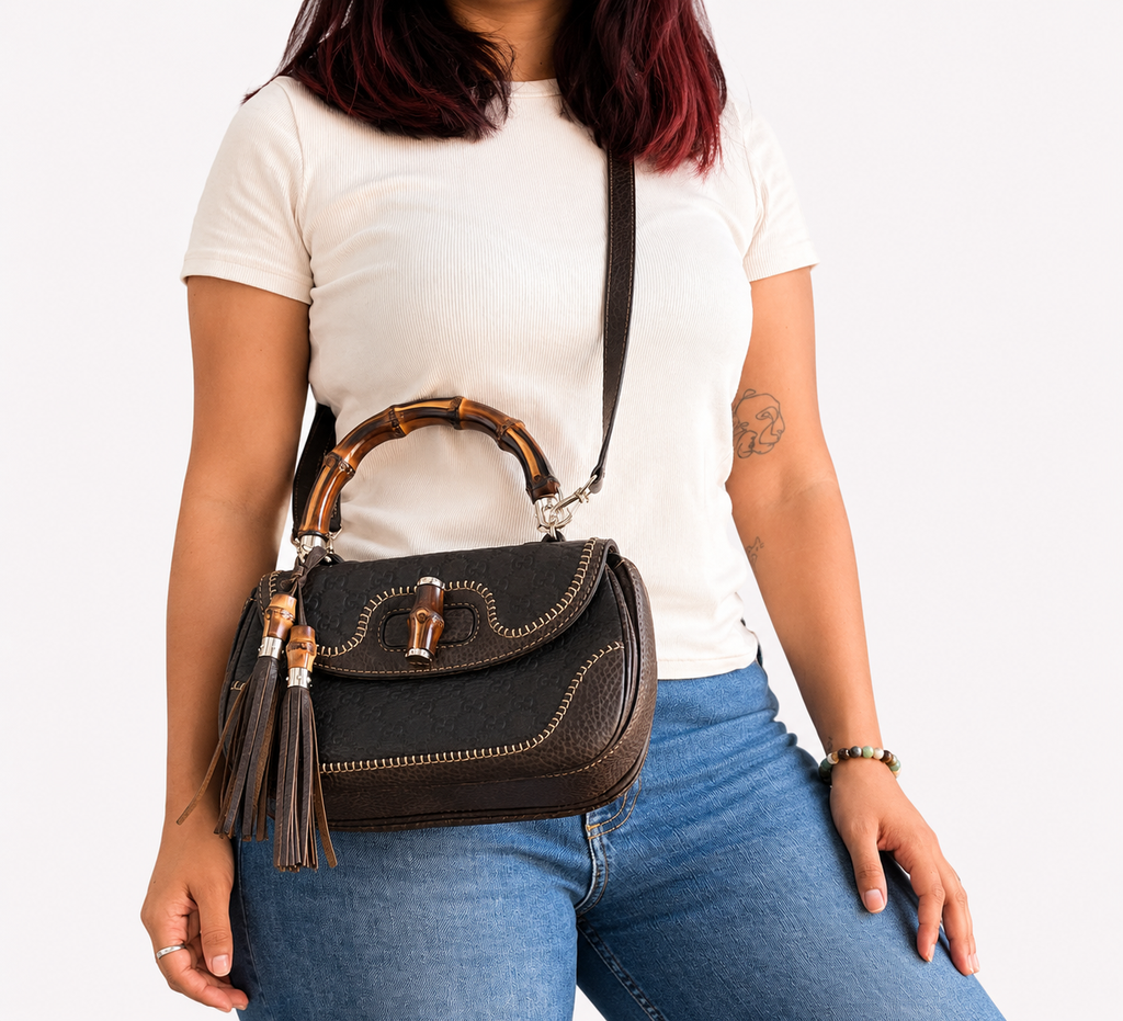 Dark Brown Guccissima Leather Bamboo Top Handle Bag