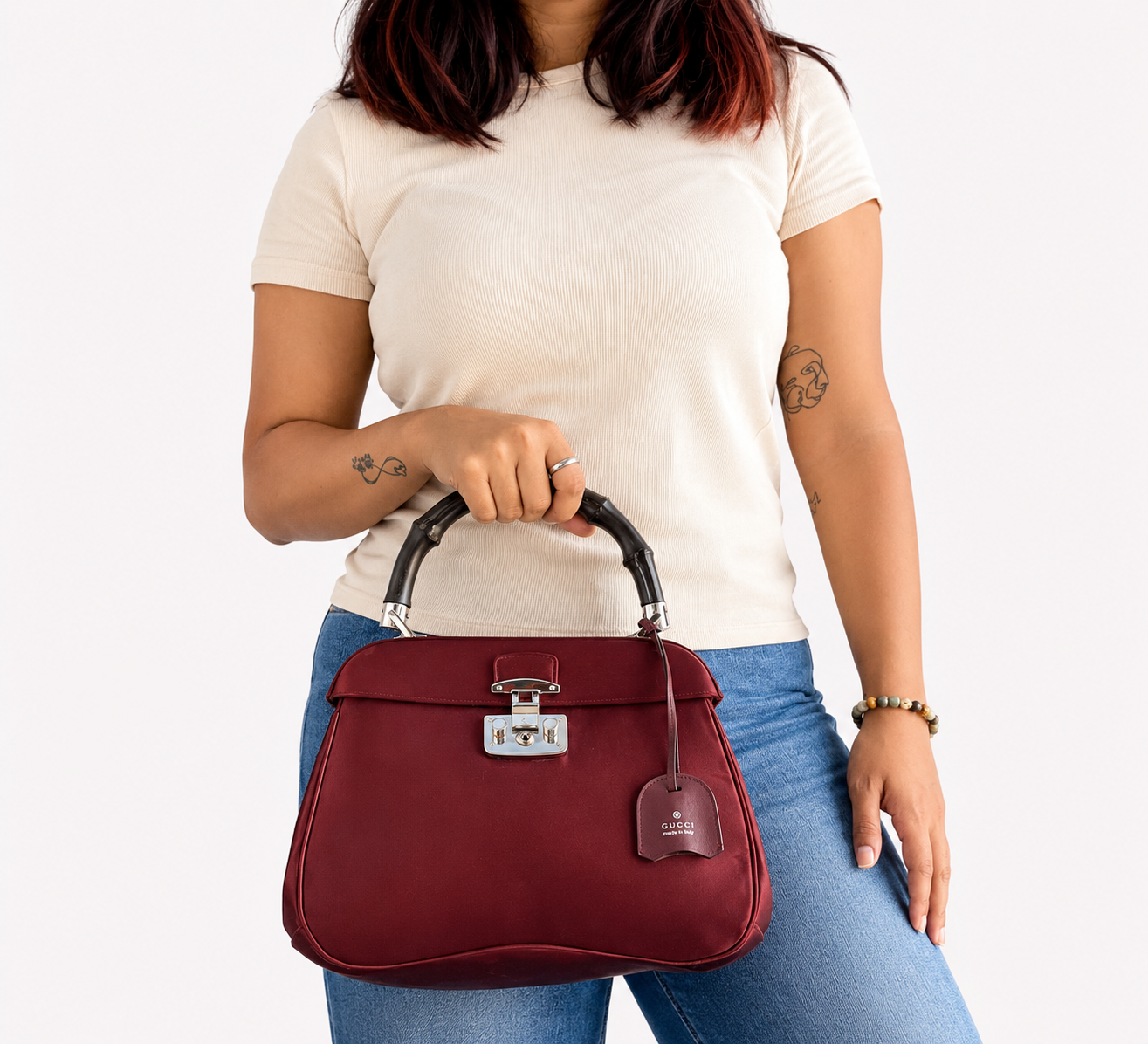 Maroon Satin Lady Lock Bamboo Top Handle Bag