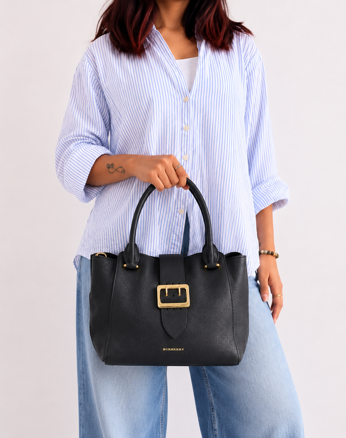 Black Grained Leather Medium Buckle Tote Bag
