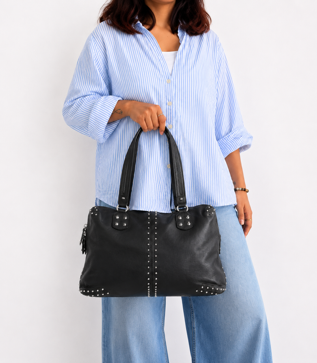 Black Astor Studded Leather Tote Bag