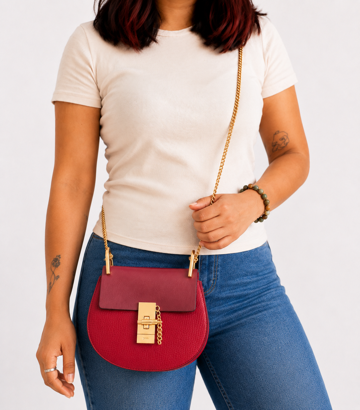 Red/Pink Grained Leather Drew Bag