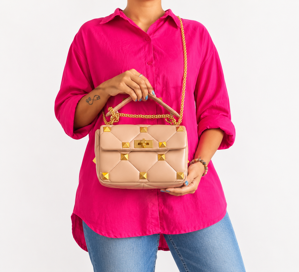 Beige Nappa Leather Roman Stud Large Shoulder Bag