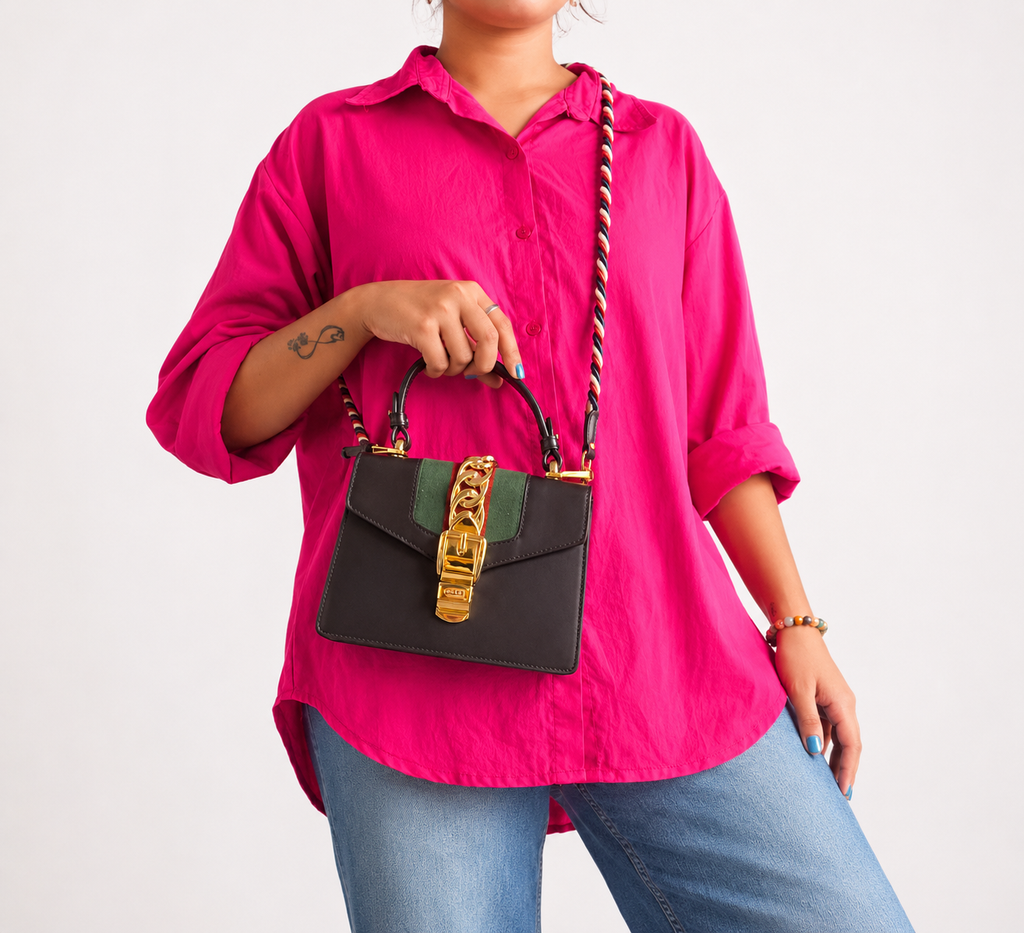 Black Leather Mini Web Chain Sylvie Top Handle Bag