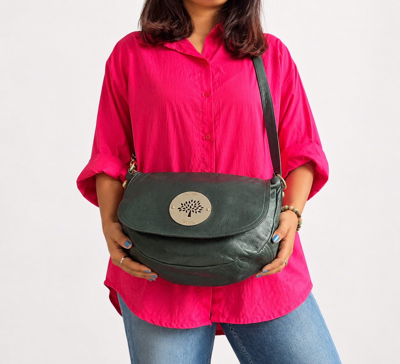 Pheasant Green Grained Leather Daria Shoulder Bag