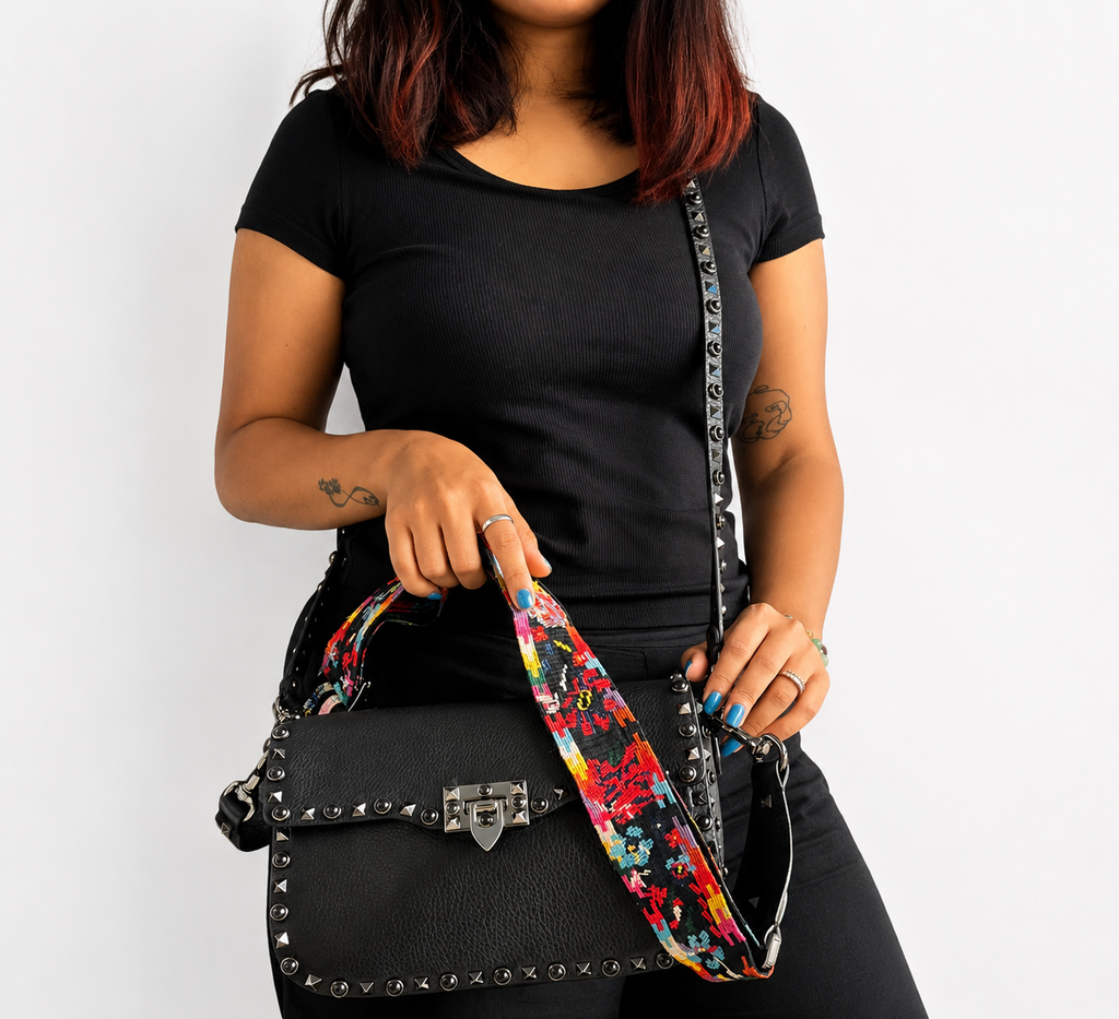 Black Grain Leather Guitar Rockstud Rolling Crossbody Bag