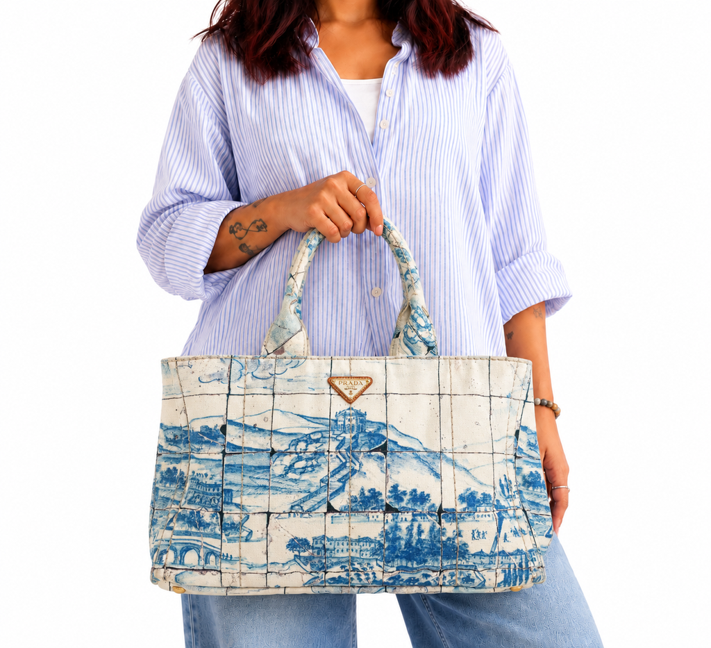Off White/Blue Printed Canvas Large Canapa Tote