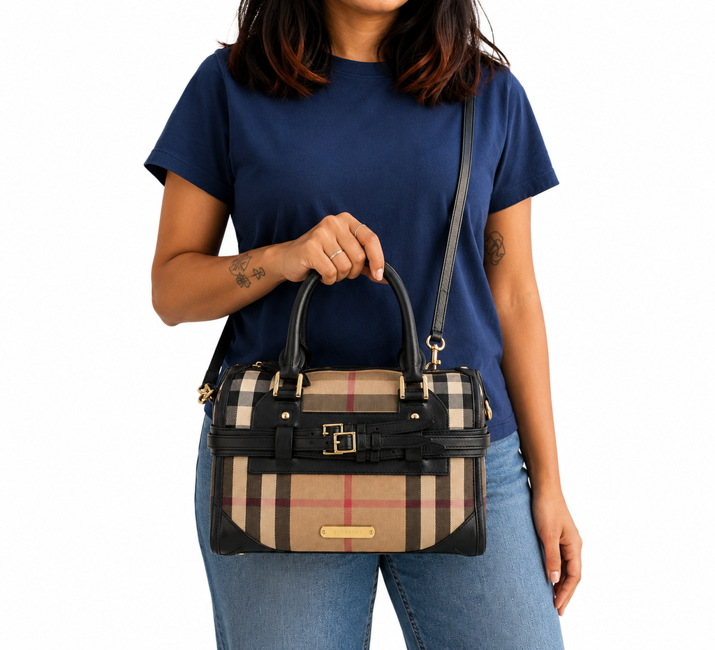 Beige/Black House Check Fabric & Leather Bridle Chester Bowler Bag