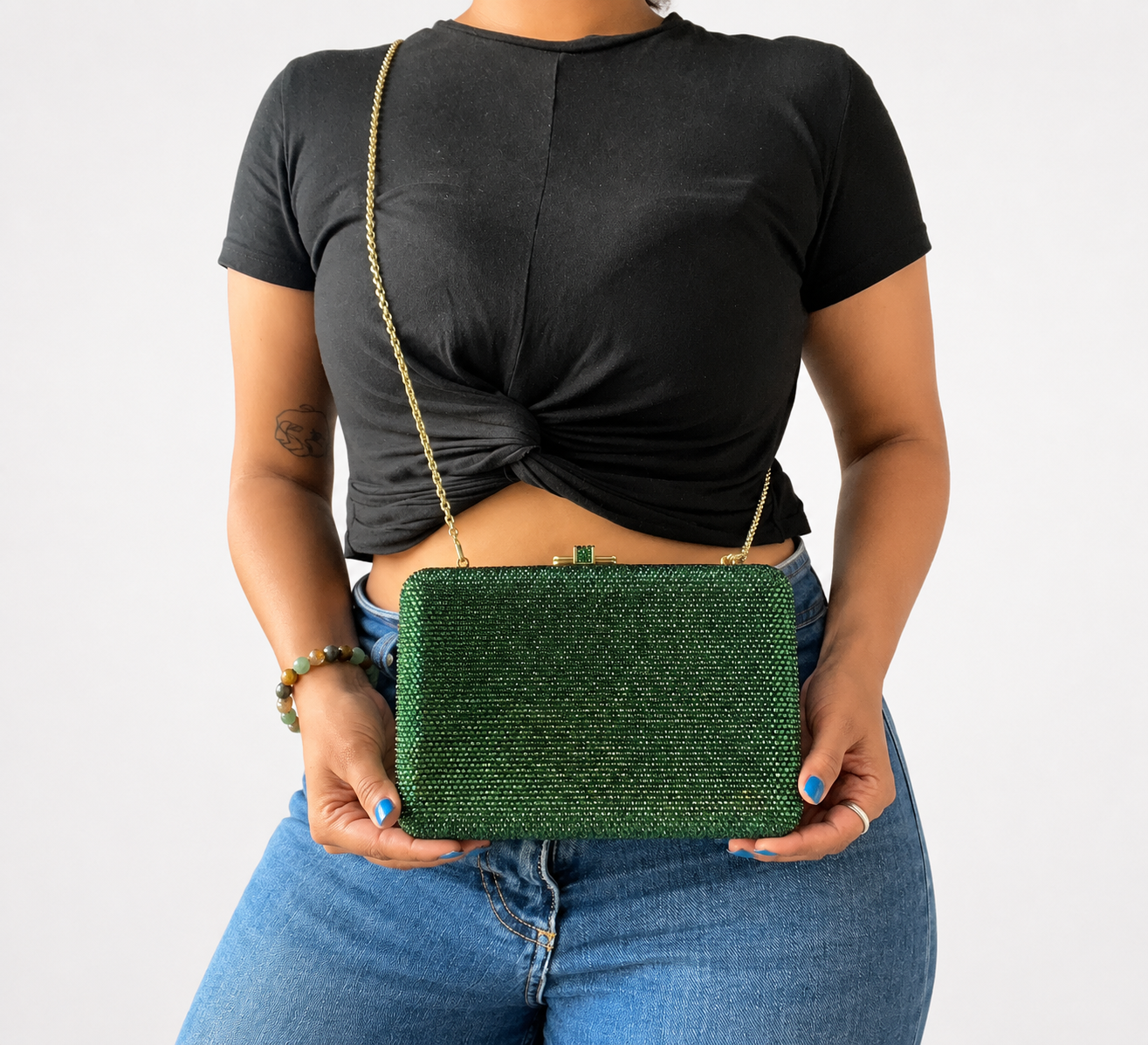 Slim Slide Green Rhinestone Clutch