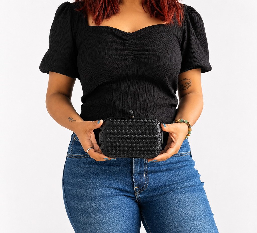 Black Intrecciato Satin Trim Knot Clutch