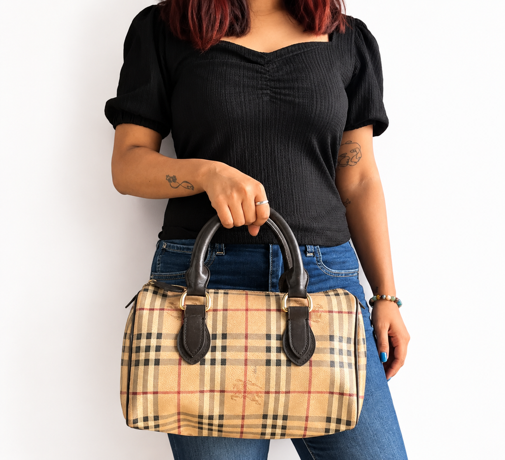 Beige/Brown Haymarket Check Coated Canvas Medium Bowling Bag