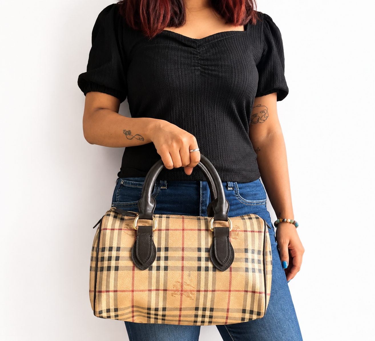 Beige/Brown Haymarket Check Coated Canvas Medium Bowling Bag