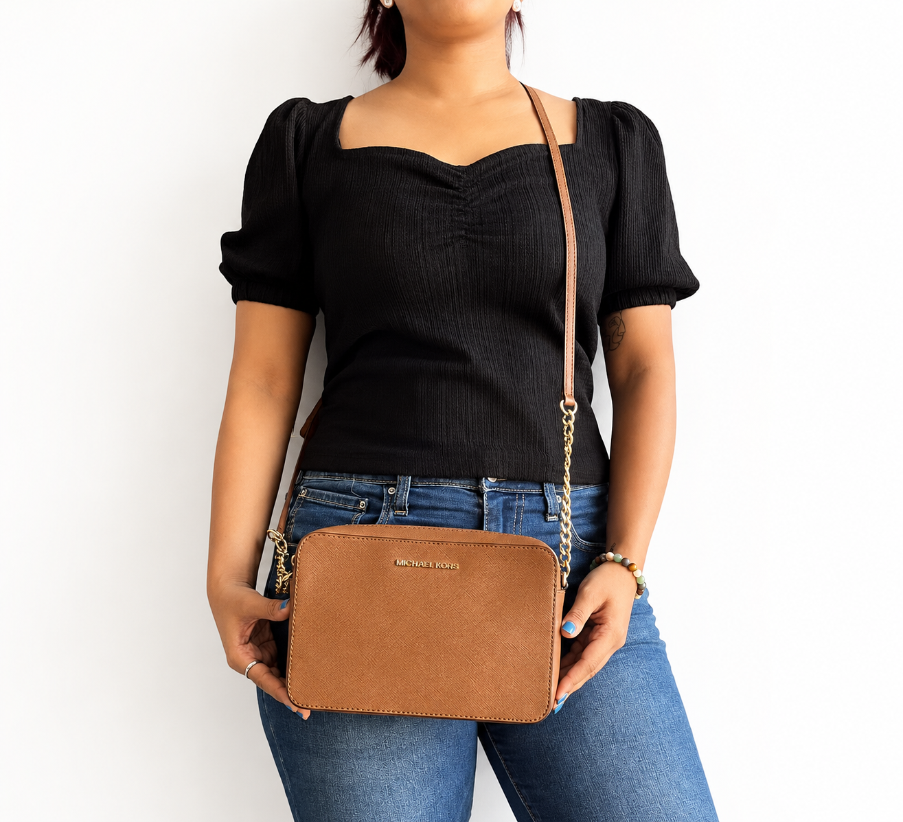 Brown Jet Set Large East West Saffiano Leather Crossbody Bag