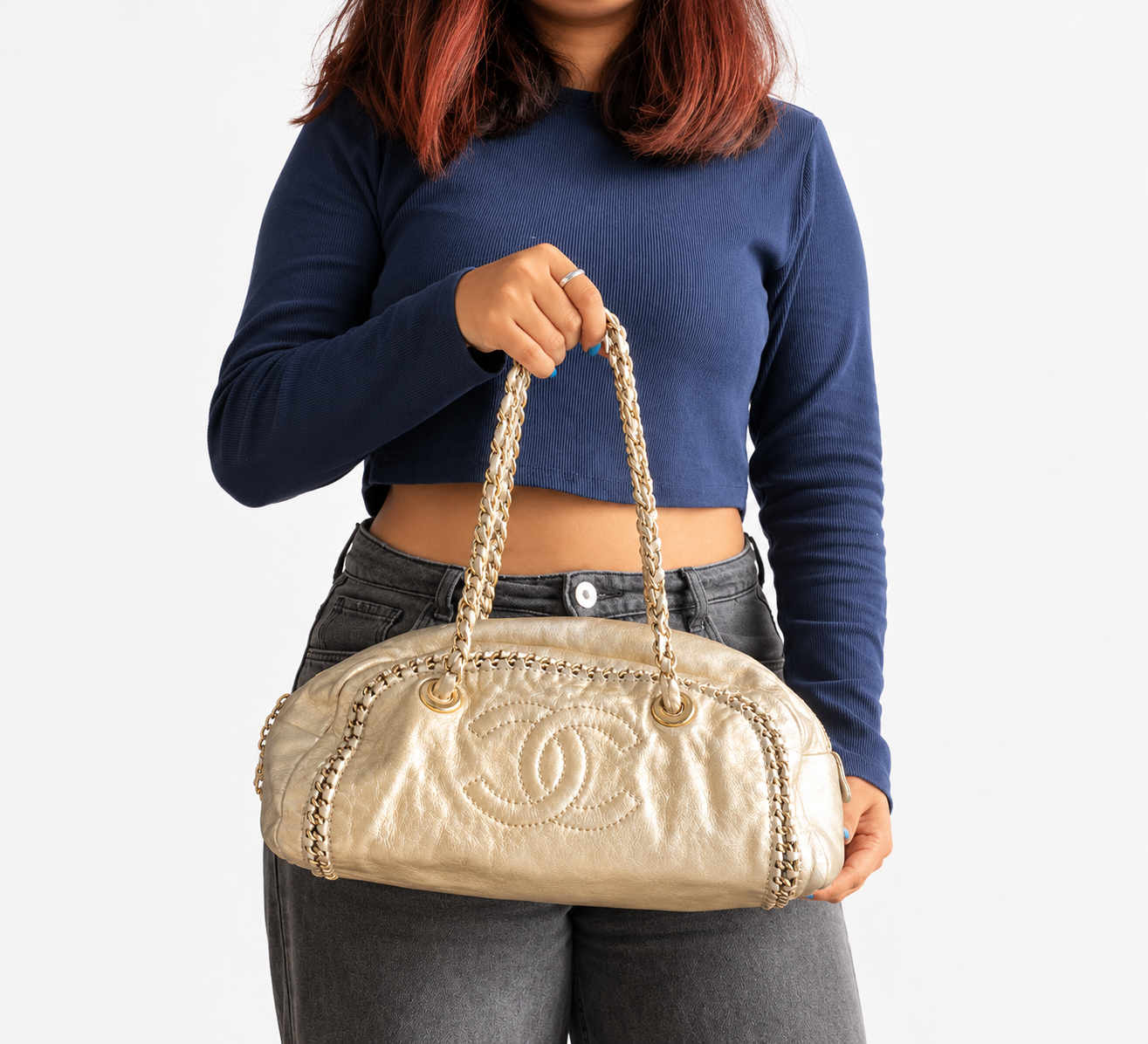 Metallic Gold Leather Medium Chain Trim Luxe Ligne Bowler Bag