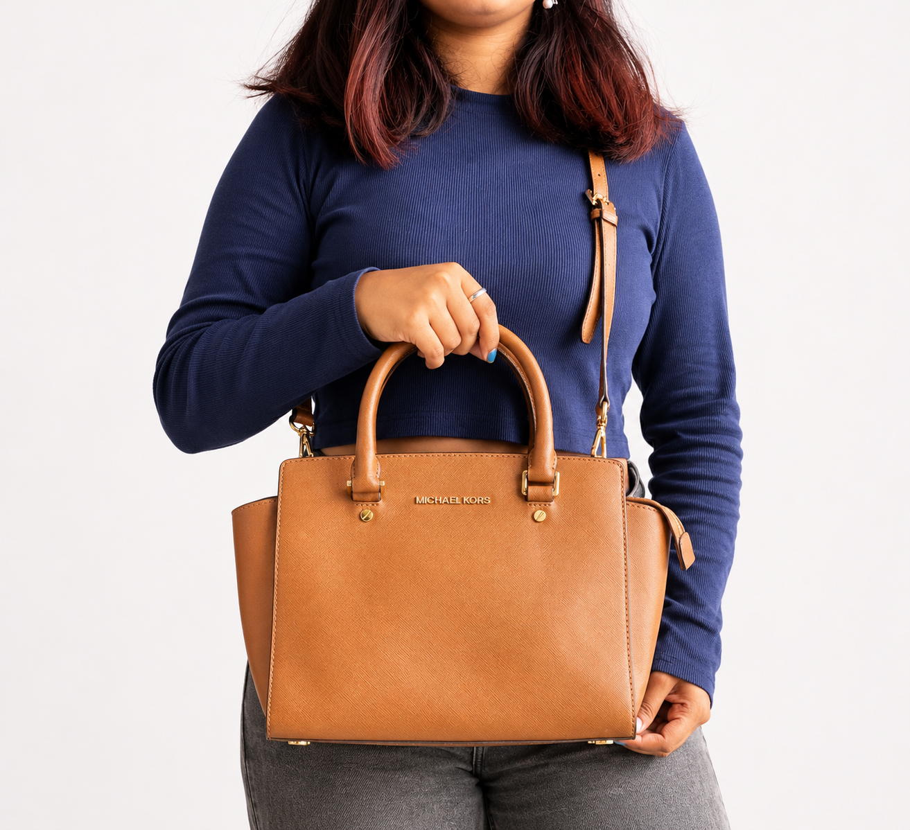 Brown Selma Saffiano Leather Medium Satchel