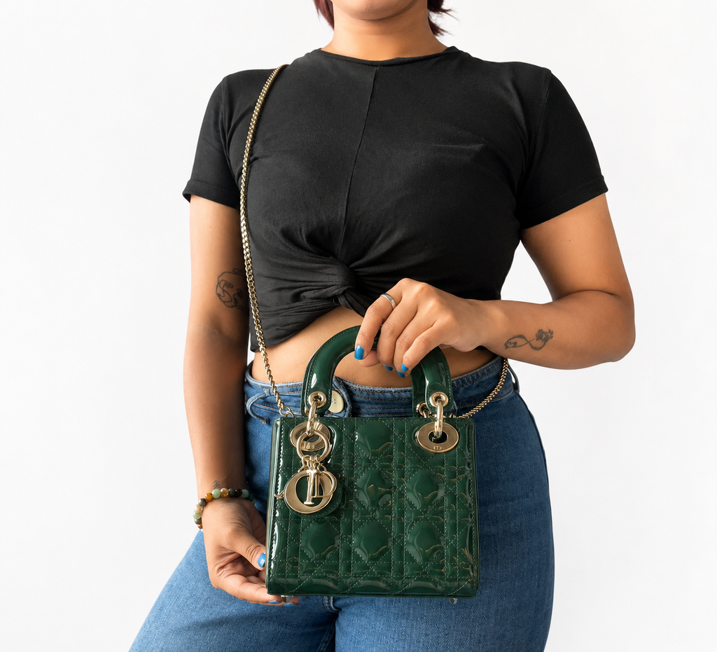 Green Cannage Patent Leather Small Lady Dior Tote