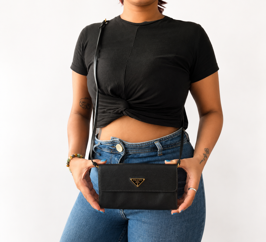 Black Nylon & Leather Flap Crossbody Bag