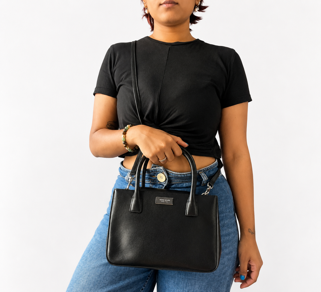 Black Sam Icon Shiny Saffiano Leather Square Small Tote Bag