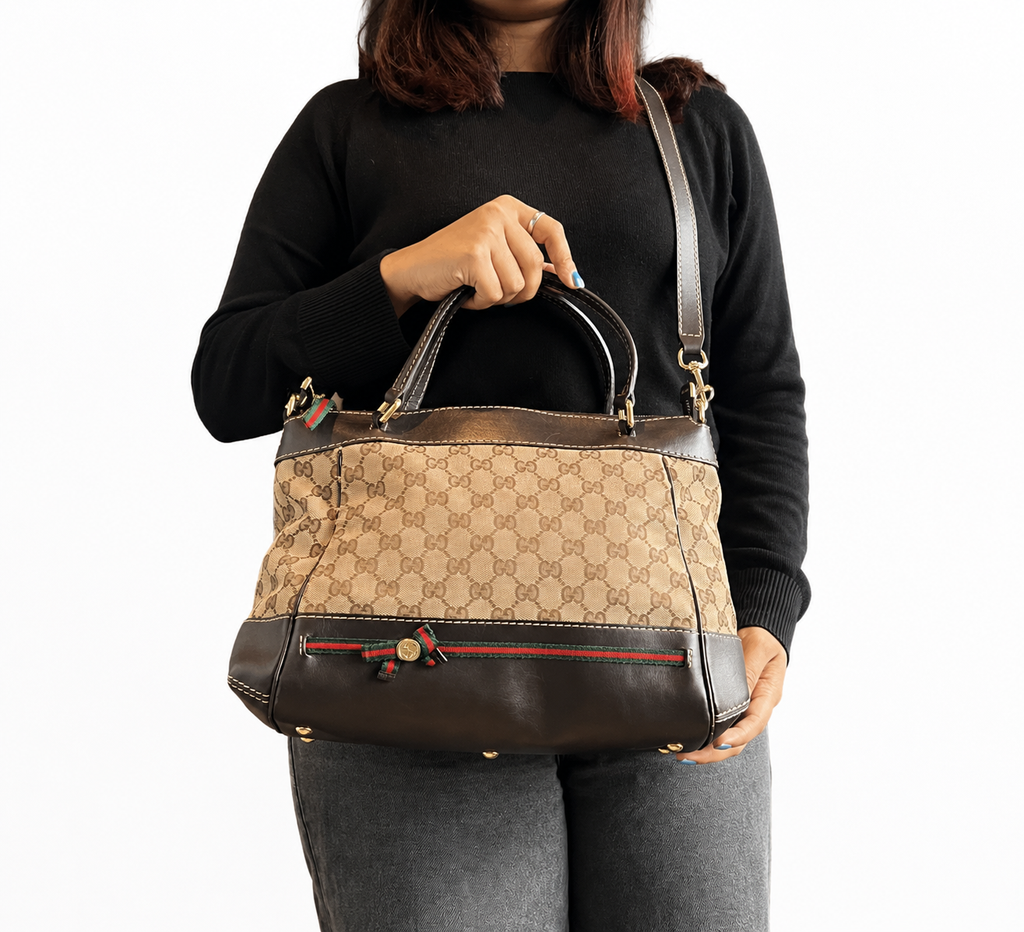 Brown/Beige GG Canvas & Leather Medium Mayfair Bow Tote