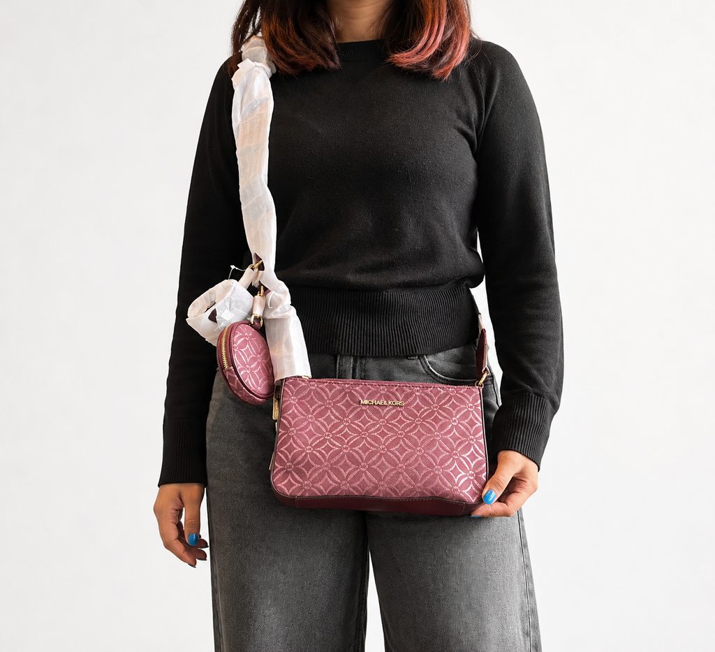 Oxblood Multi Jet Set Travel Small Logo Jacquard Crossbody With Tech Attach