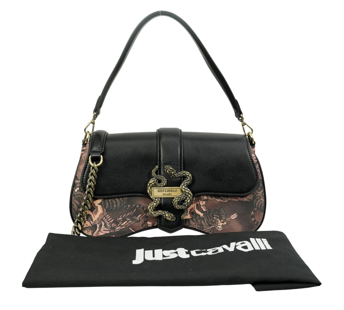 Just Cavalli Iconic Snakes Cherub-Print Baguette Bag