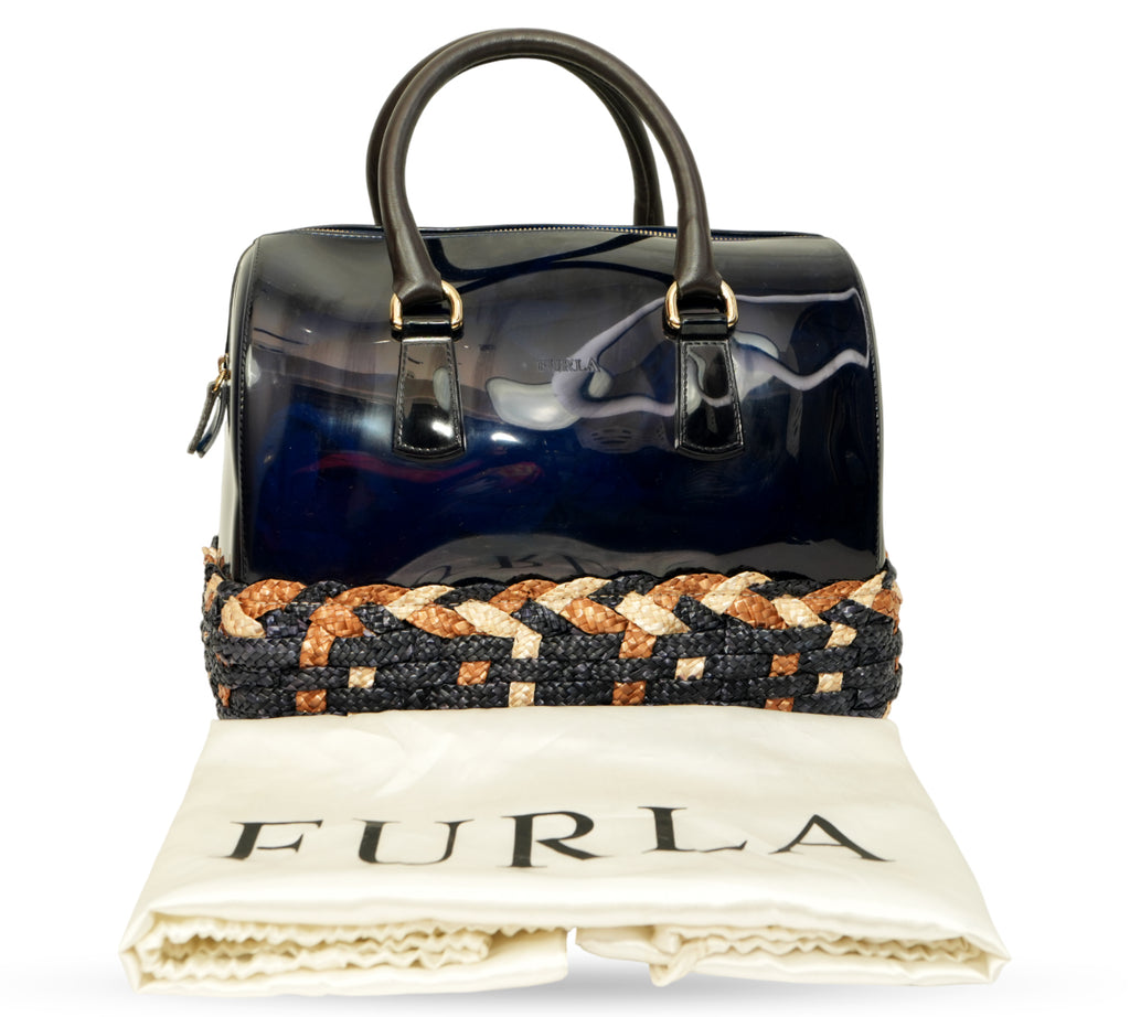 Candy Glossy Rubber & Woven Straw Satchel Bag