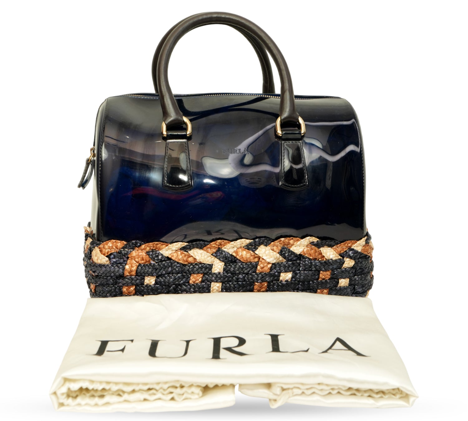 Furla   Candy Glossy Rubber & Woven Straw Satchel Bag