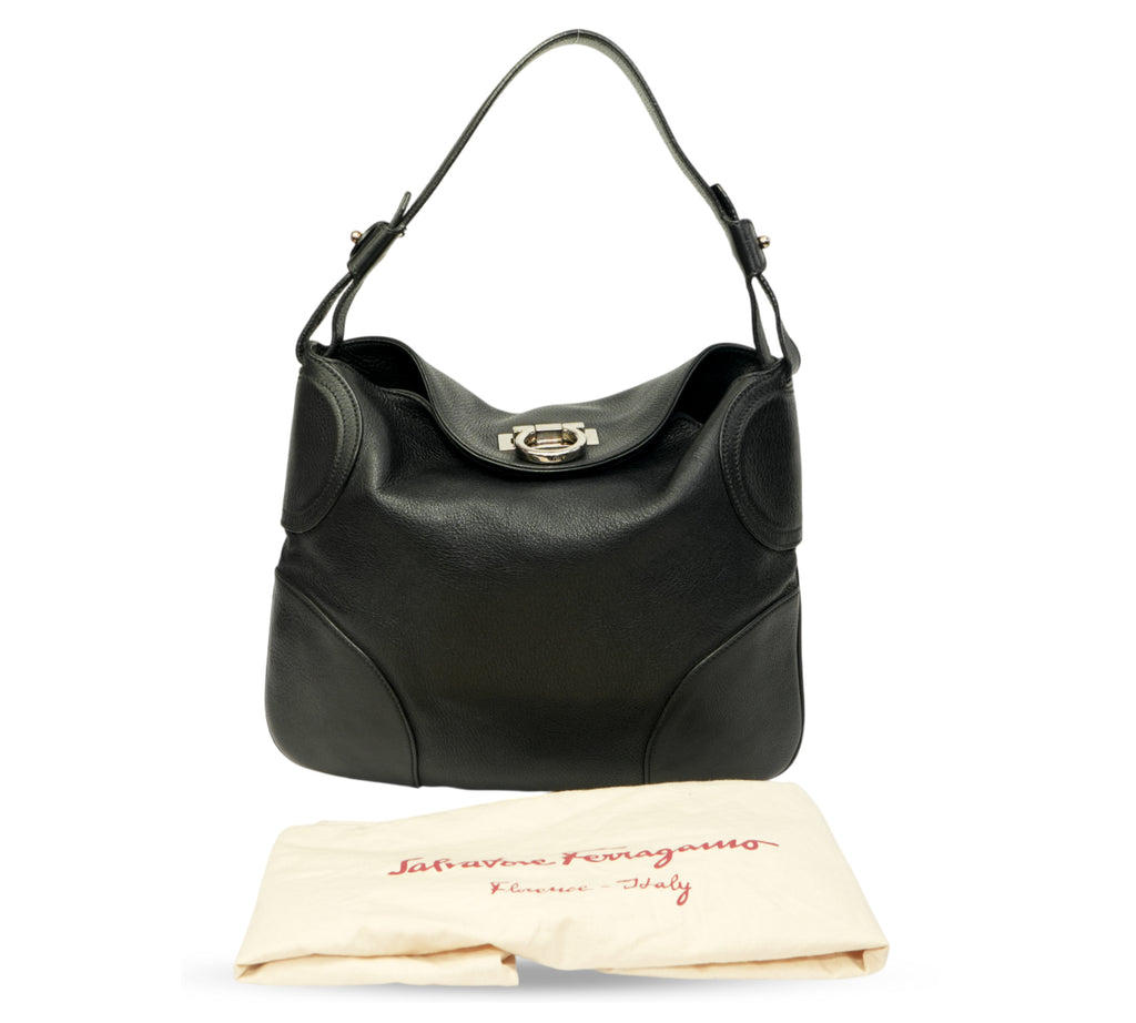 Black Gancini Pebbled Leather Hobo Bag