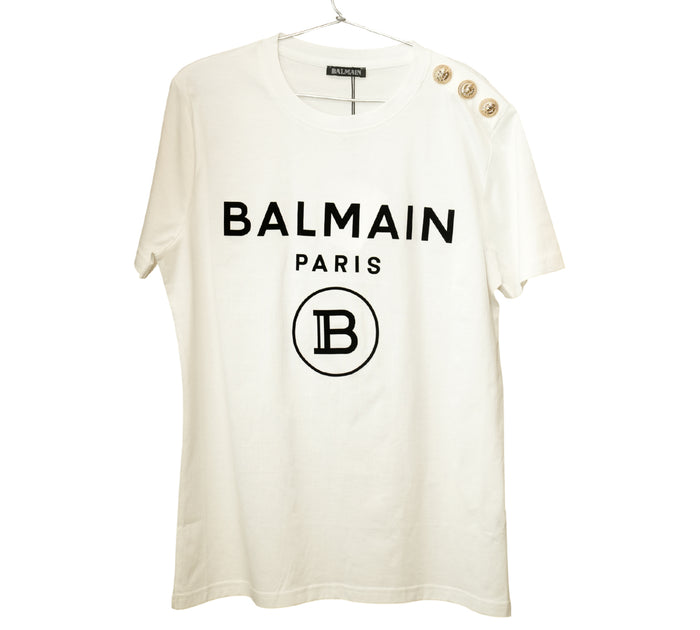 White Button-Detail Logo-Print Cotton T-Shirt Size - S