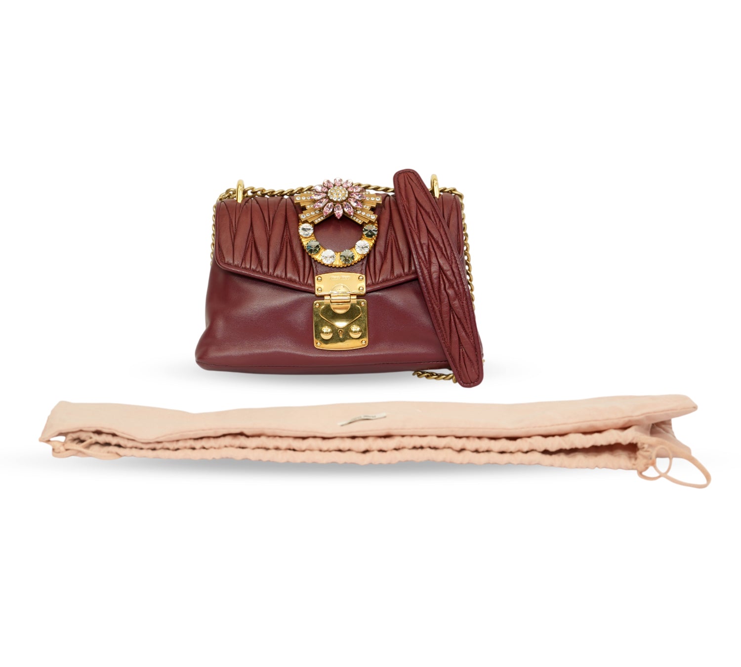 Burgundy Crystal-Embellished Matelassé Shoulder Bag