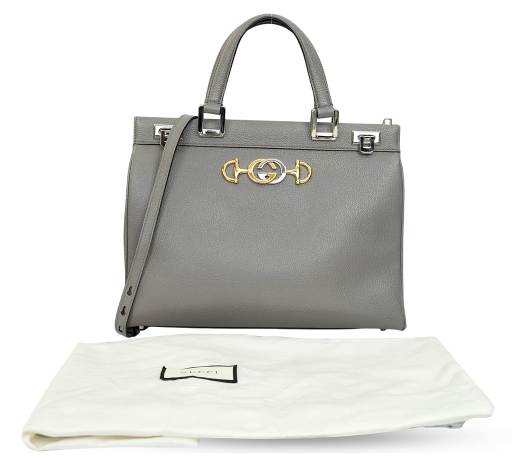 Grey Grainy Leather Zumi Medium Tote Bag